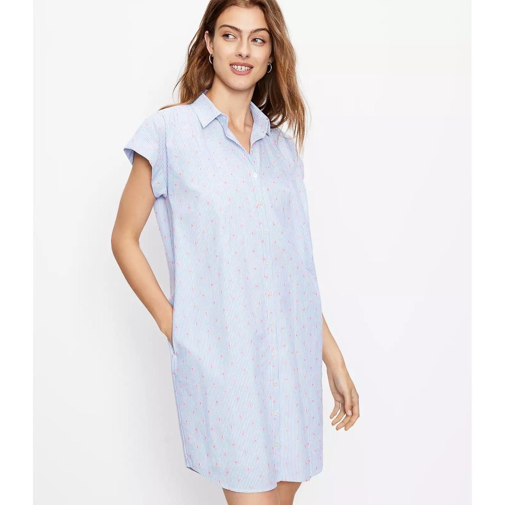 LOFT Clip Dot Dolman Shirtdress Neon Pink Blue & White Seersucker NWT Small